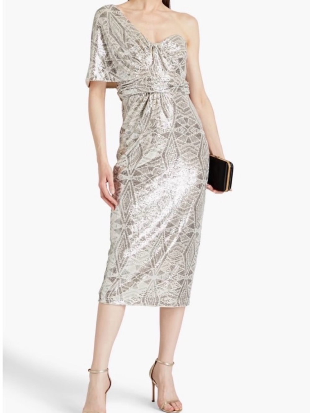 Badgley Mishka Draped One-Shoulder Sequin Evening Dress in Beige Sz 10 NWT